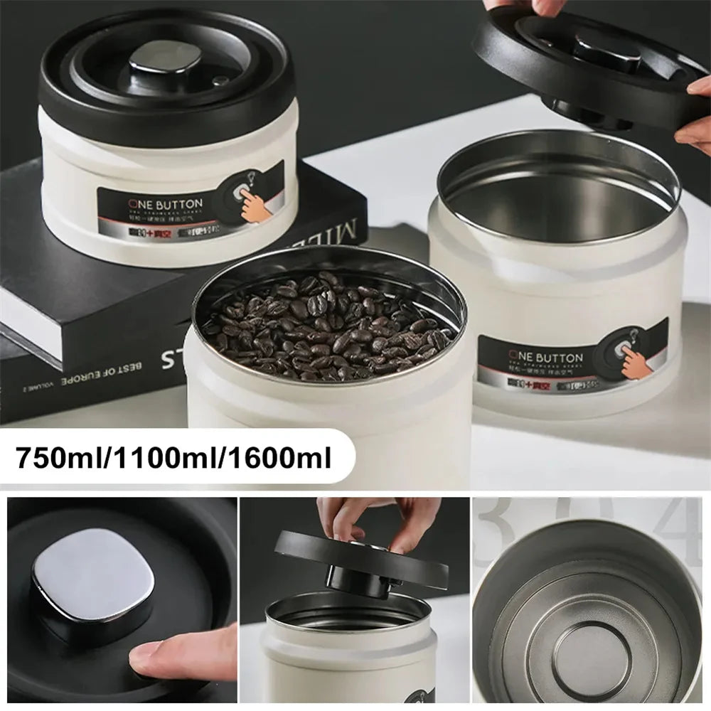 Coffee Bean Vacuum Sealed Tank Stainless Steel Grain Tea Nut Storage Vacuum Airtight Sealed Cans Kitchen Storage Organizer